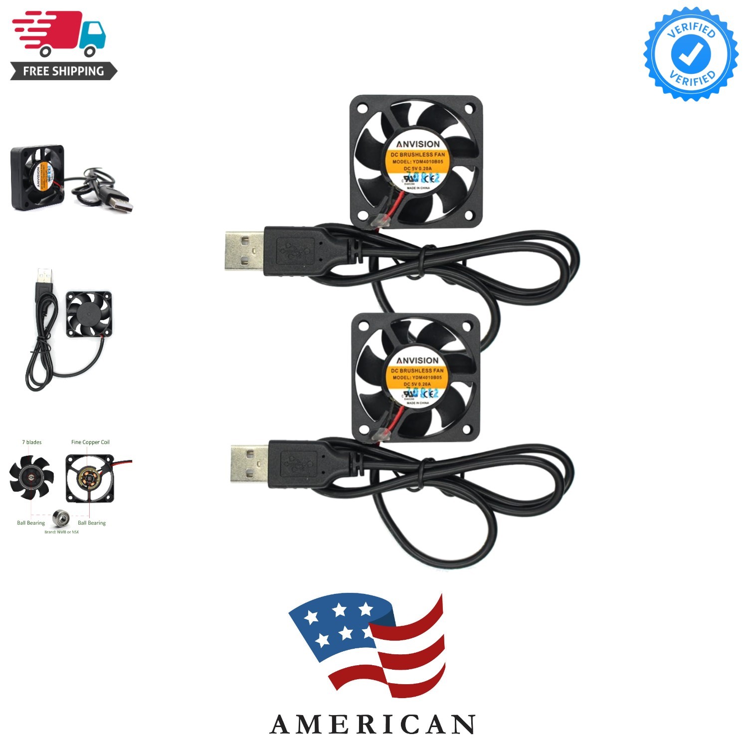 2-Pack 40mm x 10mm DC 5V USB Brushless Cooling Fan, Dual Ball Bearing