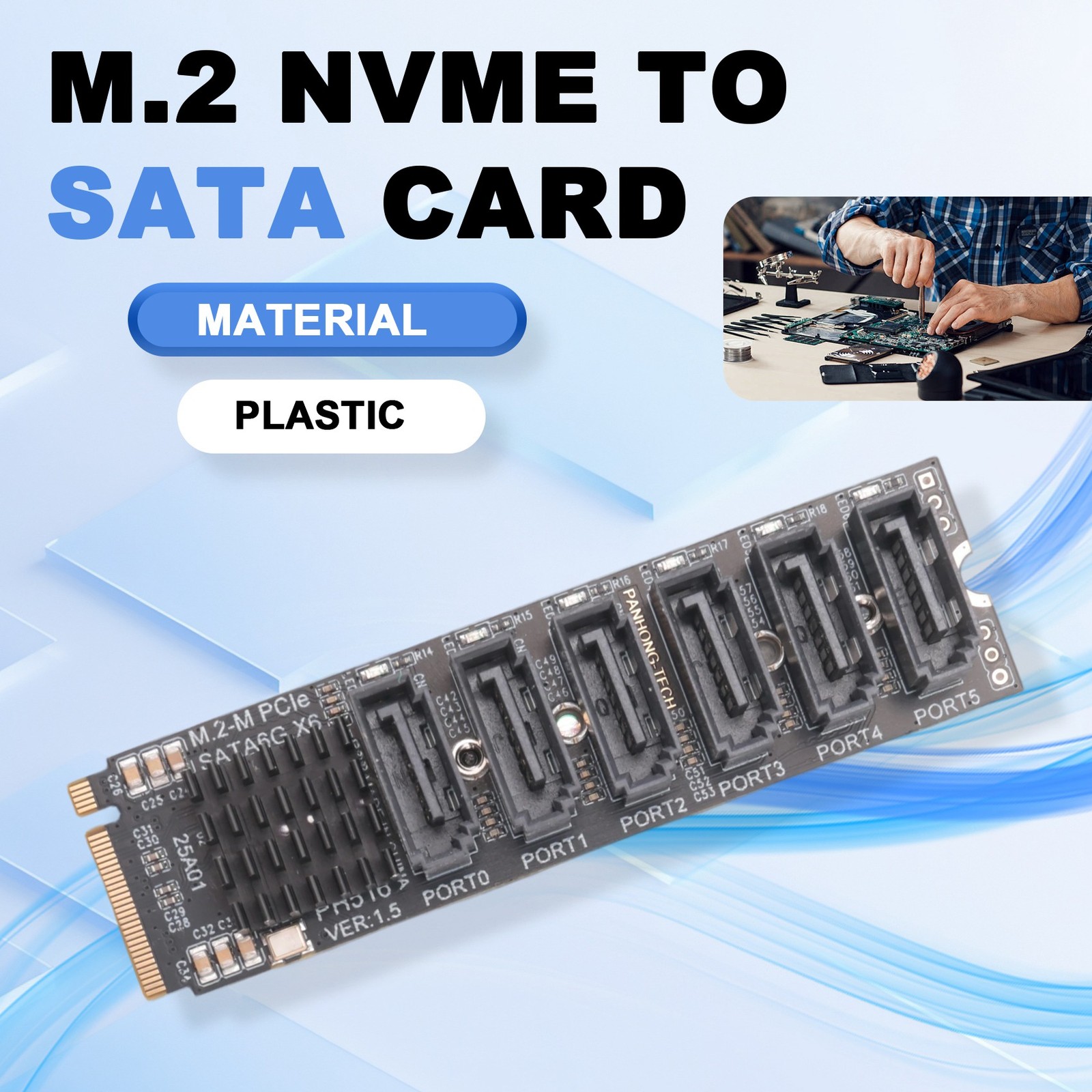 M.2 MKEY PCI-E Riser Card M.2 NVME To SATA3.0 PCIE To 6Gpbsx6-Port7901