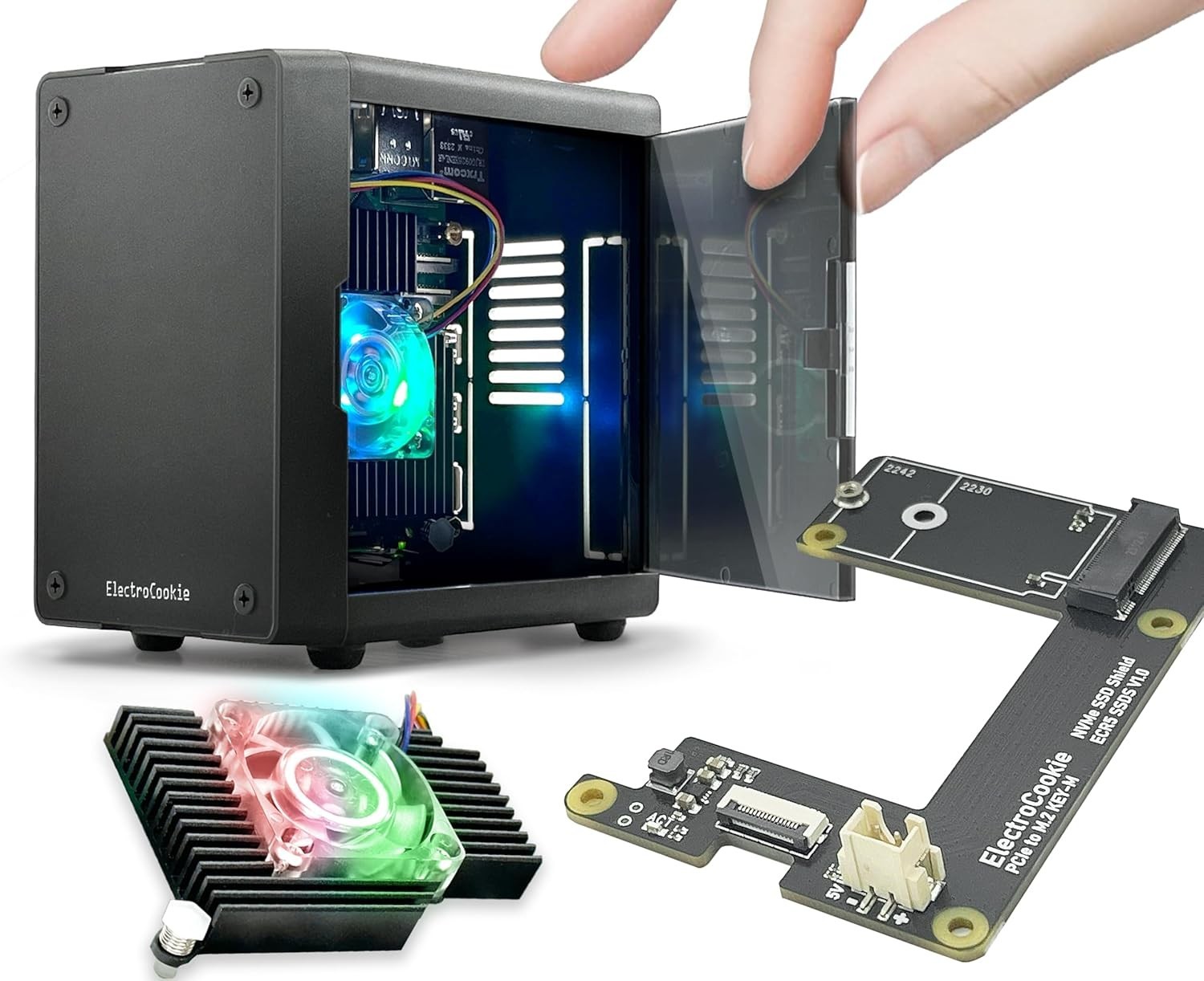 ElectroCookie Mini PC Case for Raspberry Pi 5 with M.2 NVMe SSD PCIe HAT and Act