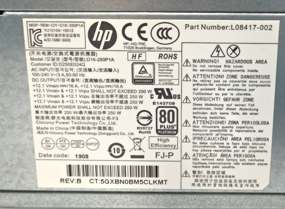 HP EliteDesk 800 G5| 250W Power Supply| 4+4 Pin| P2| L08417-002| D16-250P1A