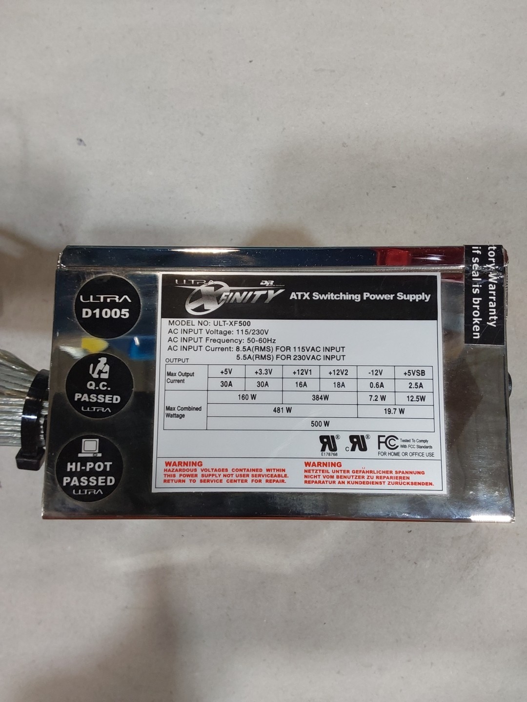ULTRA XFINITY ULT-XF500AP 500W ATX SWITCHING POWER SUPPLY