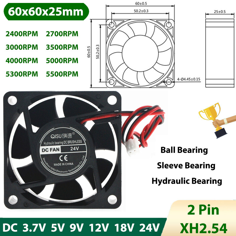 6025 DC Brushless Cooling Fan Mini Silent 3.7V 5V 9V 12V 24V 2400-5500RPM XH2.54