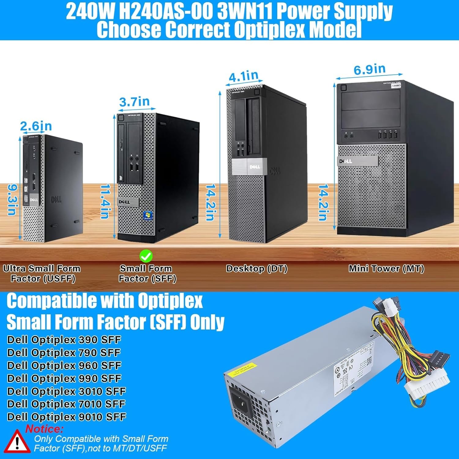 240W Power Supply – H240AS-01, Fits Optiplex 7010, 390, 790 SFF Models