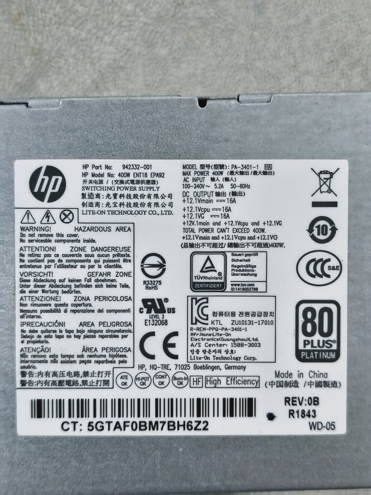 HP 400W 80 Plus Platinum Power Supply 942332-001 PA-3401-1 HA w/ PCIe – Tested
