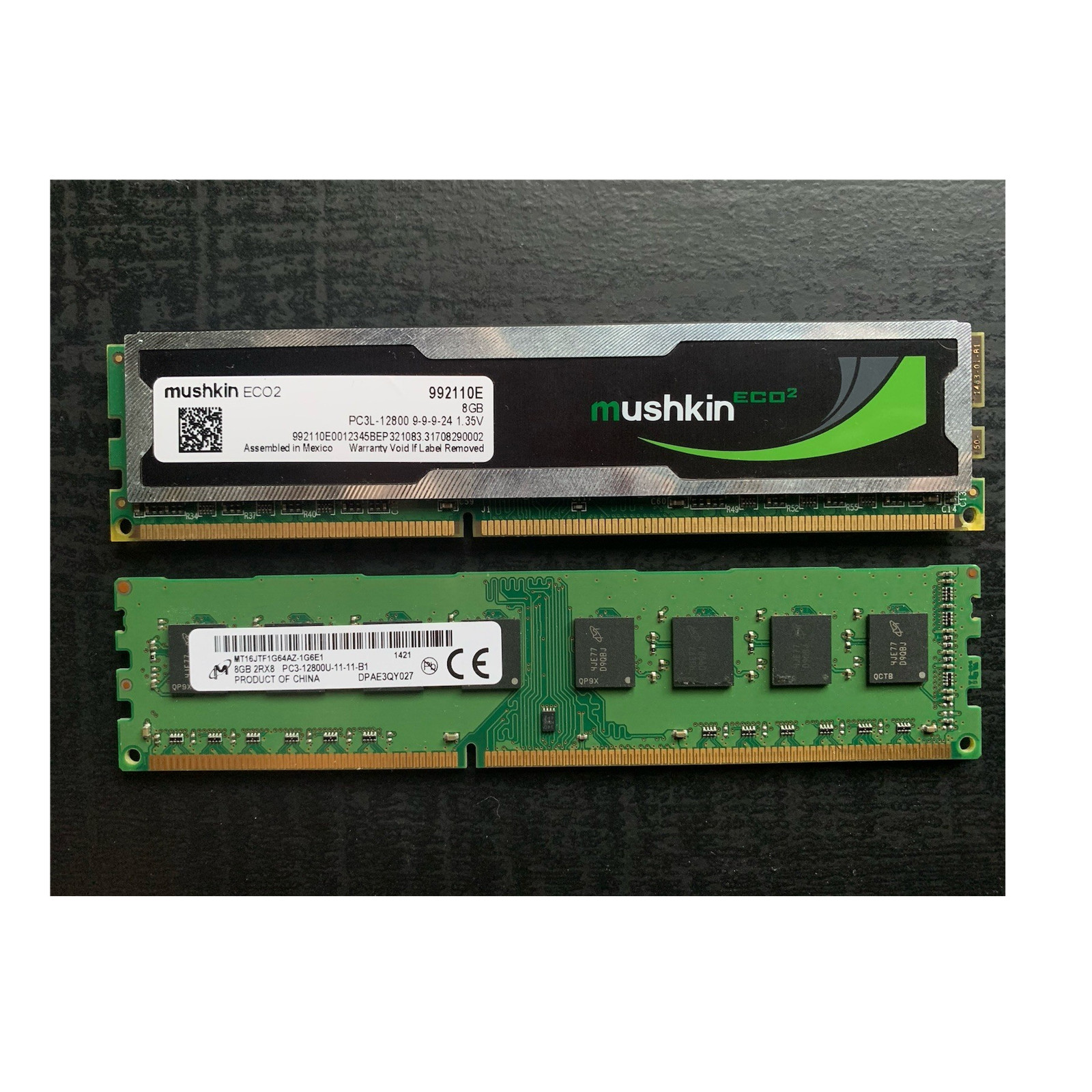 16GB Lot (2x8GB) DDR3 RAM – Micron PC3-12800U + Mushkin ECO2 PC3L-12800