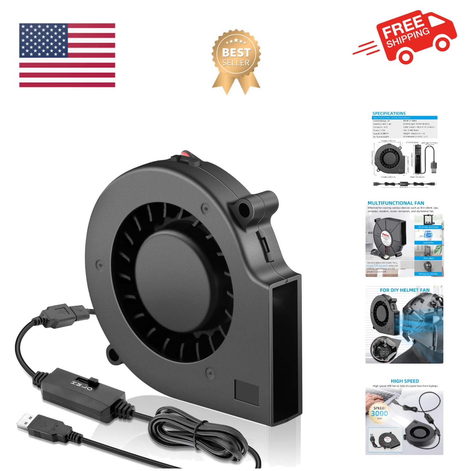Silent 5V Mini Blower Fan – 75mm USB Cooling Solution for Helmets & Electronics