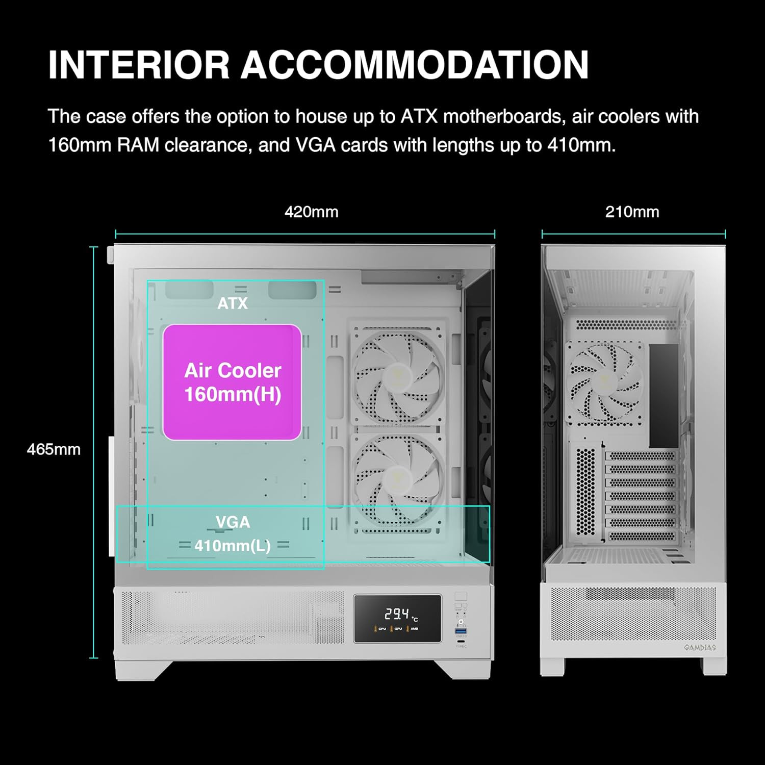 White Mid Tower Gaming Computer Case W/Display& App, ATX Tempered Glass PC Case,