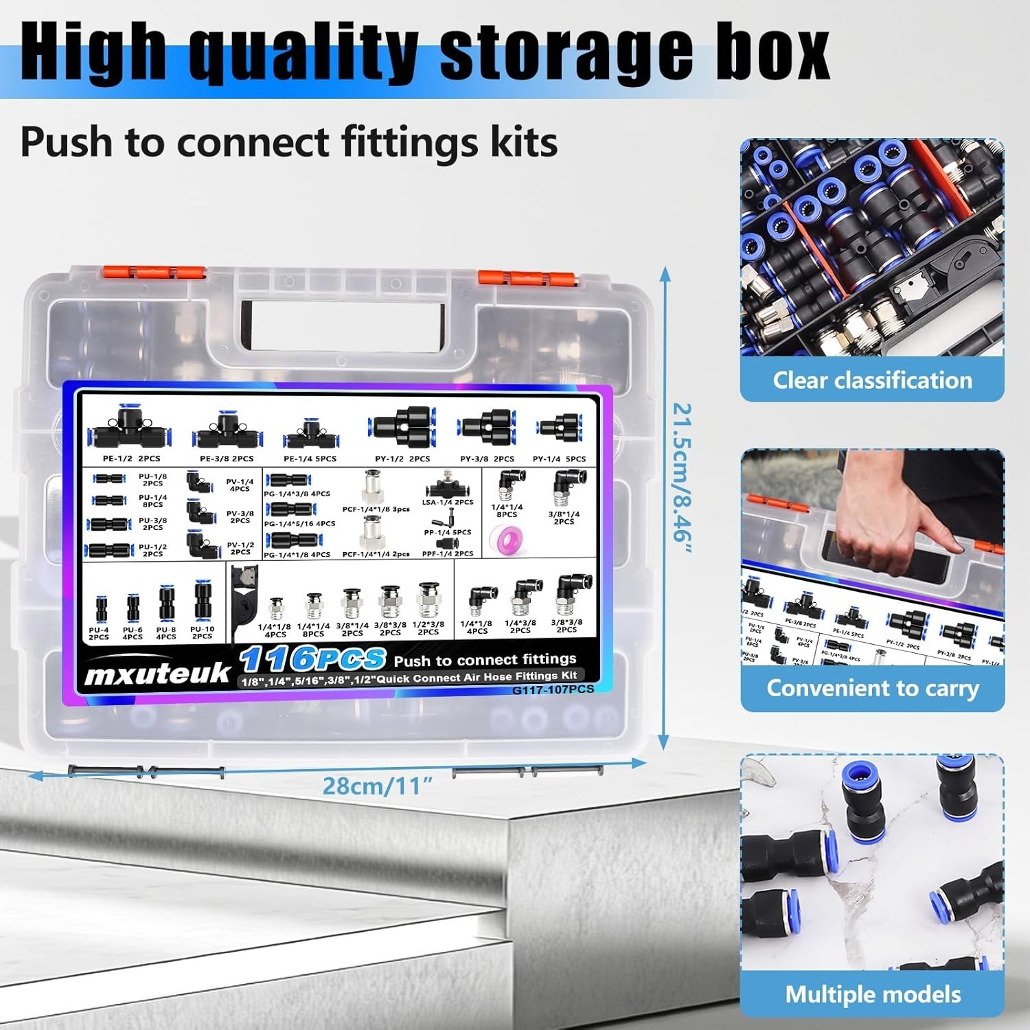 116PCS Air Line Quick Connect Fittings,1/8,1/4,5/16,3/8,1/2,4/6/8/10Mm OD P