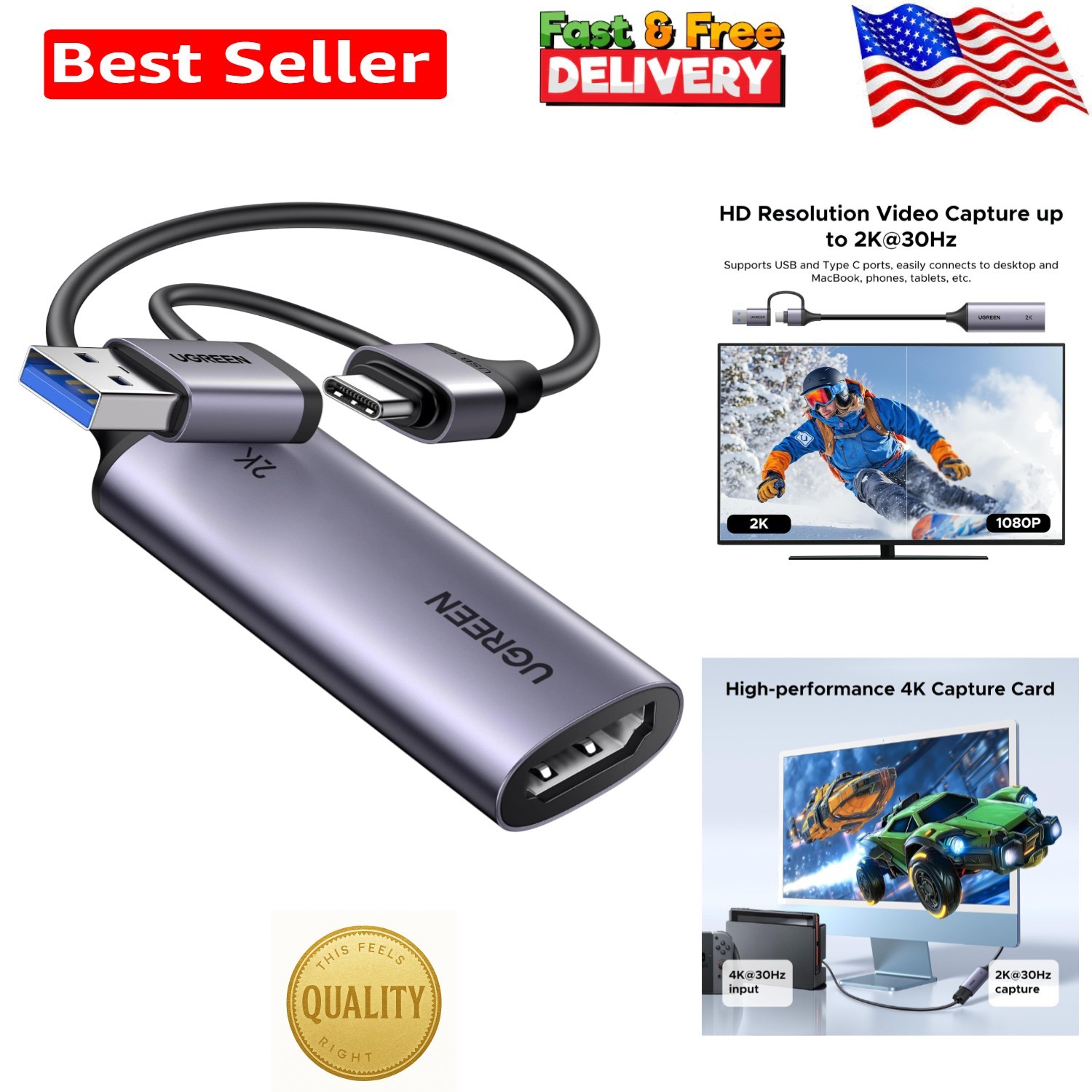 High-Speed 2K Capture Card with USB A & C – Compatible with All Major Devices