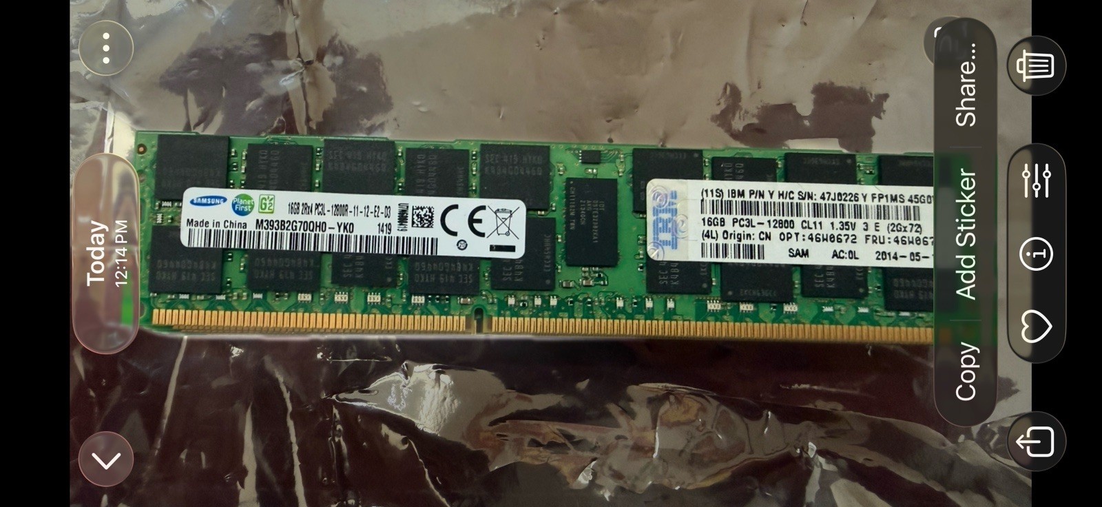 Lot of 3, Samsung 16GB PC3L-12800R Reg 2Rx4 ECC DDR3- IBM FRU 46W0674