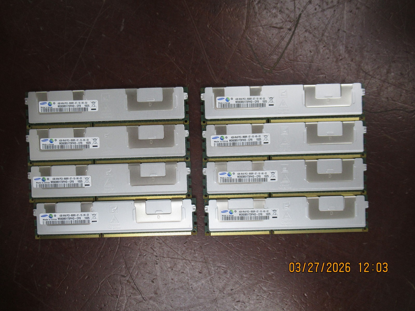 Lot of 8 Samsung 4GB 4Rx8 PC3-8500R ECC Server RAM Memory M393B5173FHD-CF8