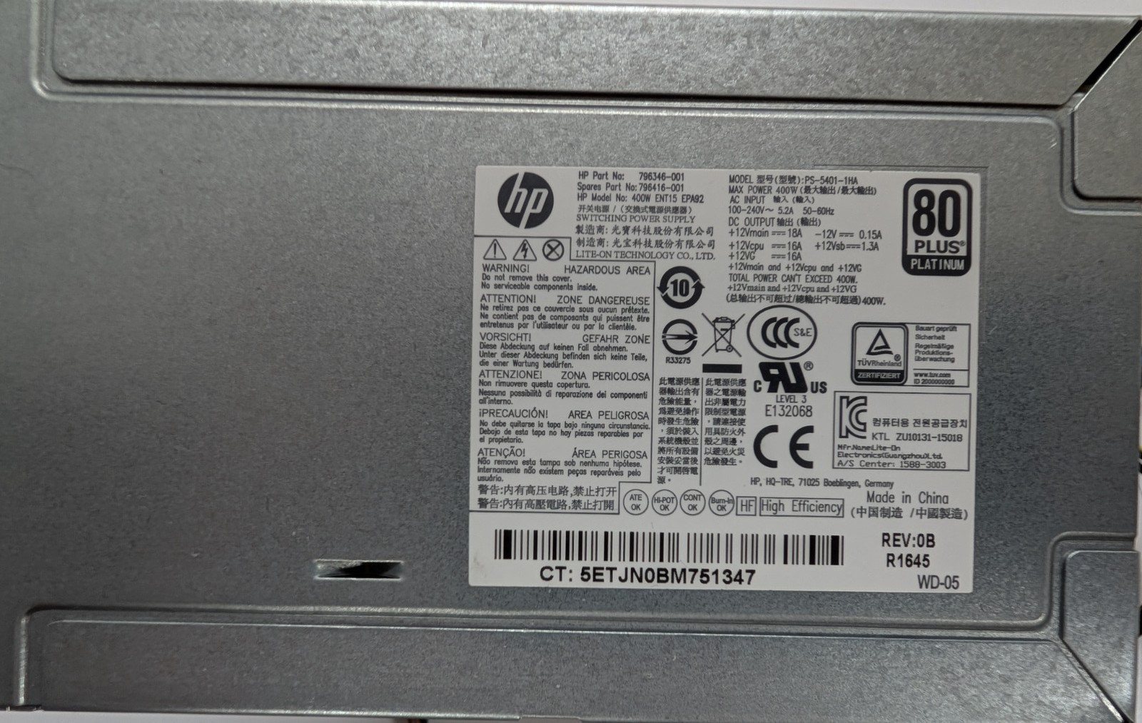 HP Z240 Desktop 400W Power Supply 6 Pin 796416-001 796346-001