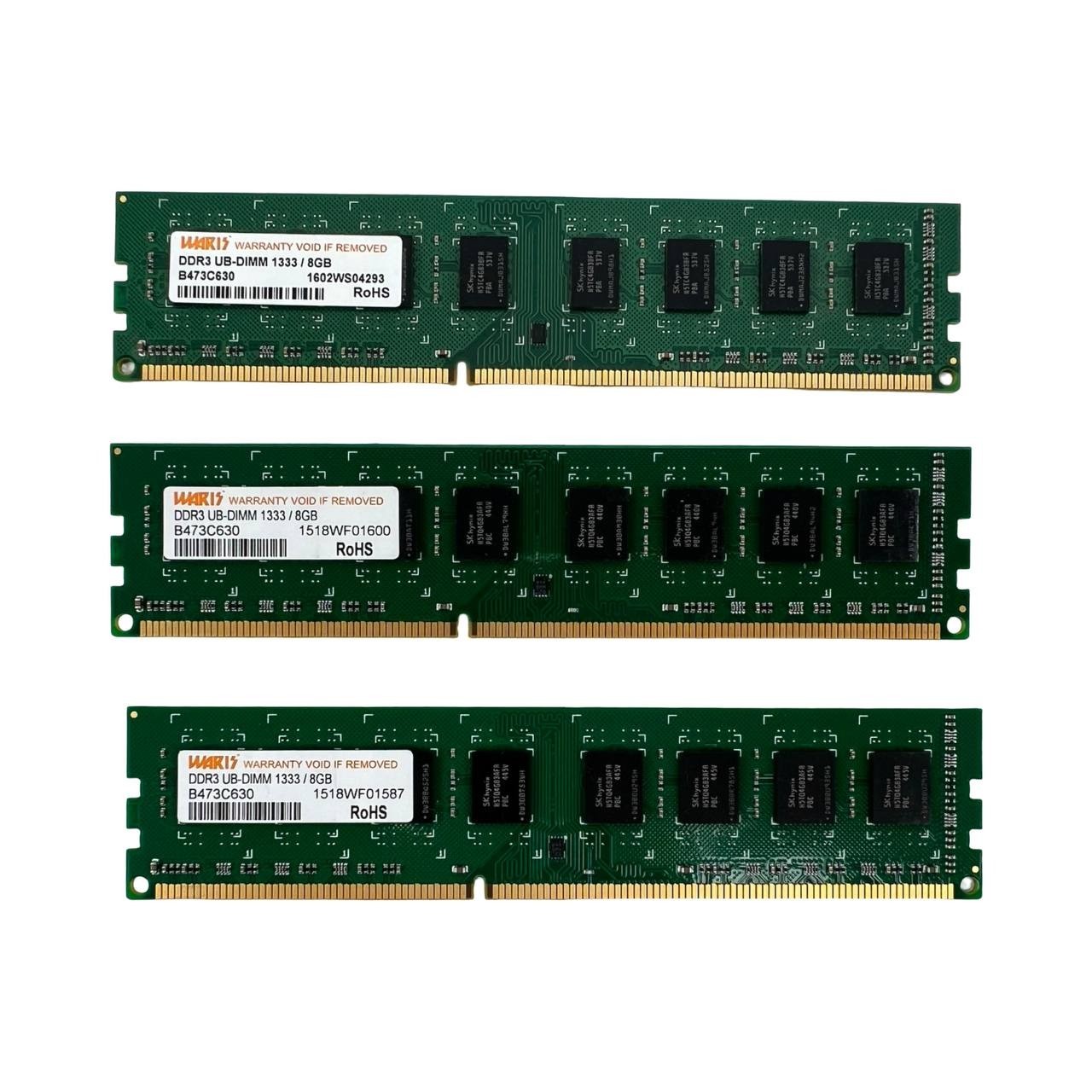 Lot of 3 – Waris 8GB PC3-10600 DDR3 1333 UB-DIMM Desktop PC Memory B473C630