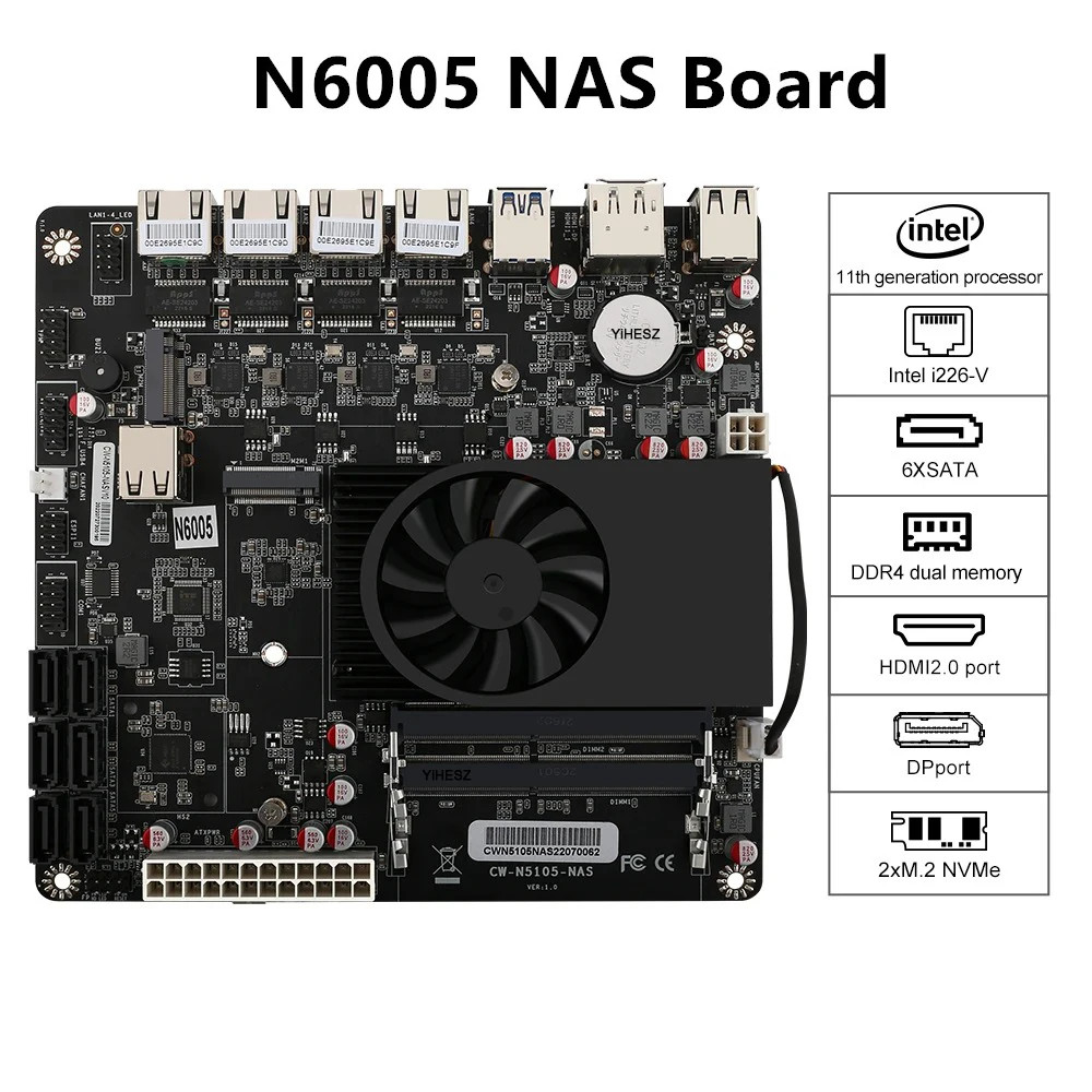 N6005 NAS Motherboards 4Cores 4Threads 4×2.5G i226 Network2 M.2 NVMe Slot 6xSATA
