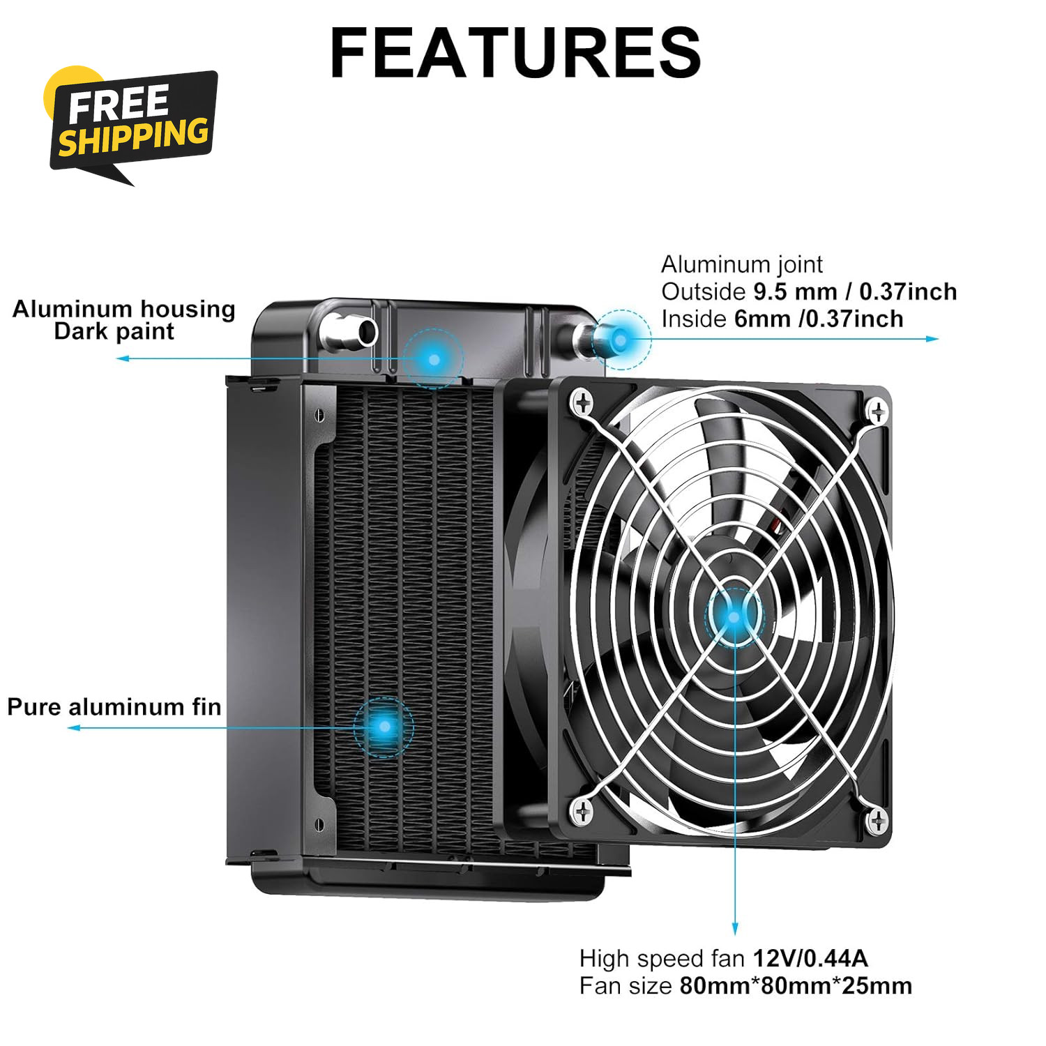 Water Cooling Radiator, 8 Pipe Aluminum Heat Exchanger Radiator with Fan