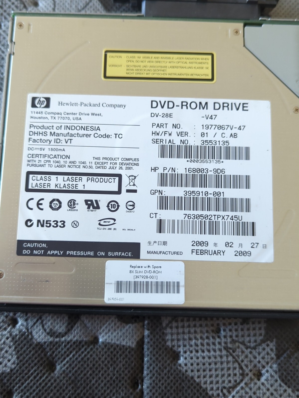 Genuine HP Slim DVD-Rom Drive 397928-001 DV-28E 1977067v-47