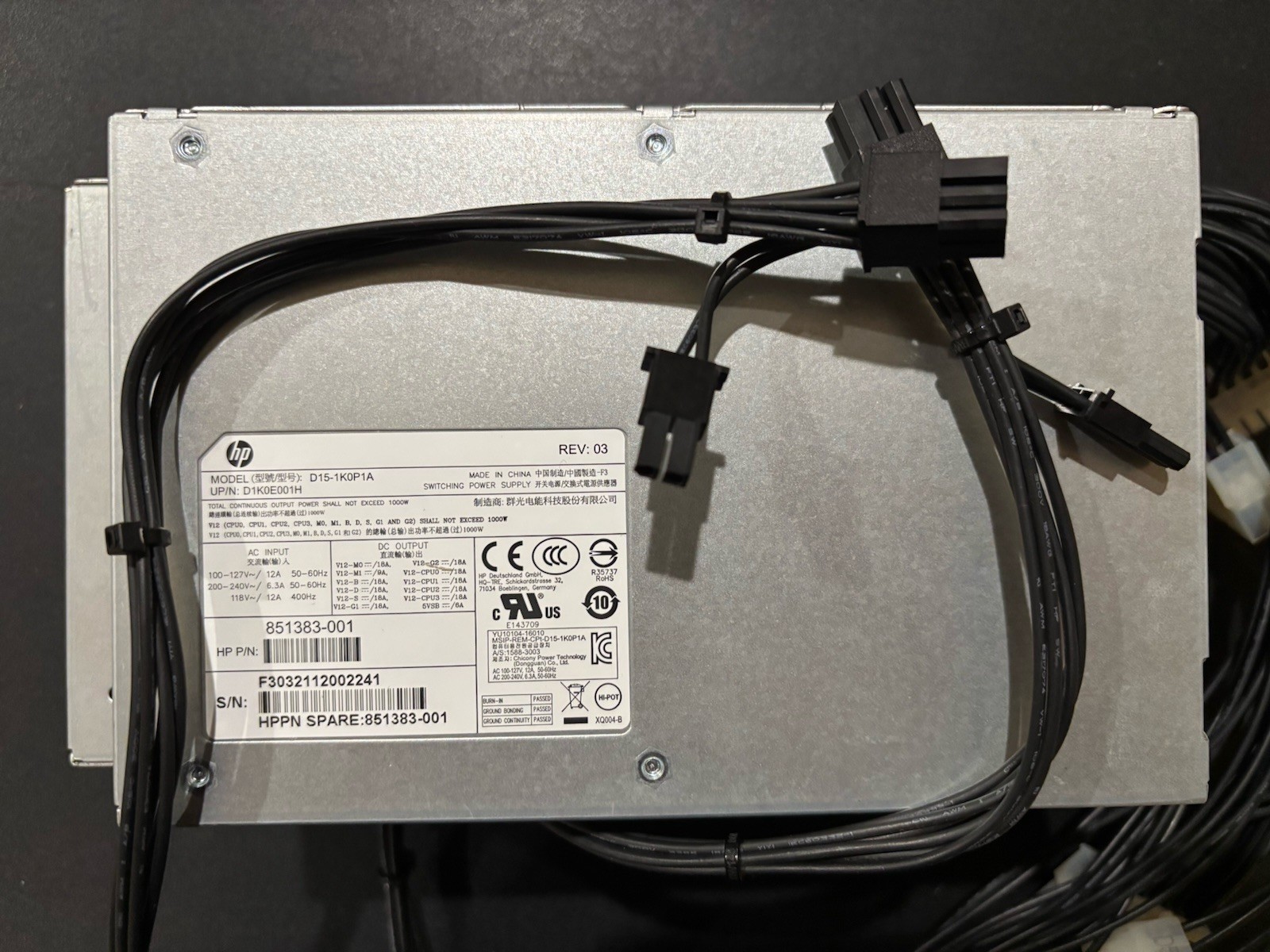HP Z6 G4/Z4 G4 workstation power supply PSU 1000W 851383-001 D15-1K0P1A 2x8Pin