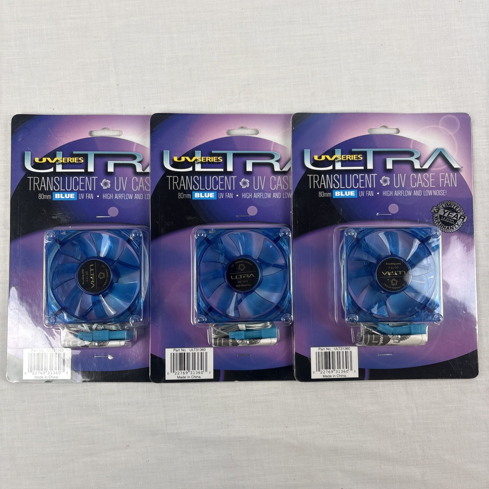 Ultra UV Series Translucent UV Case Fan 80mm Blue Low Noise Lot Of 3 NEW