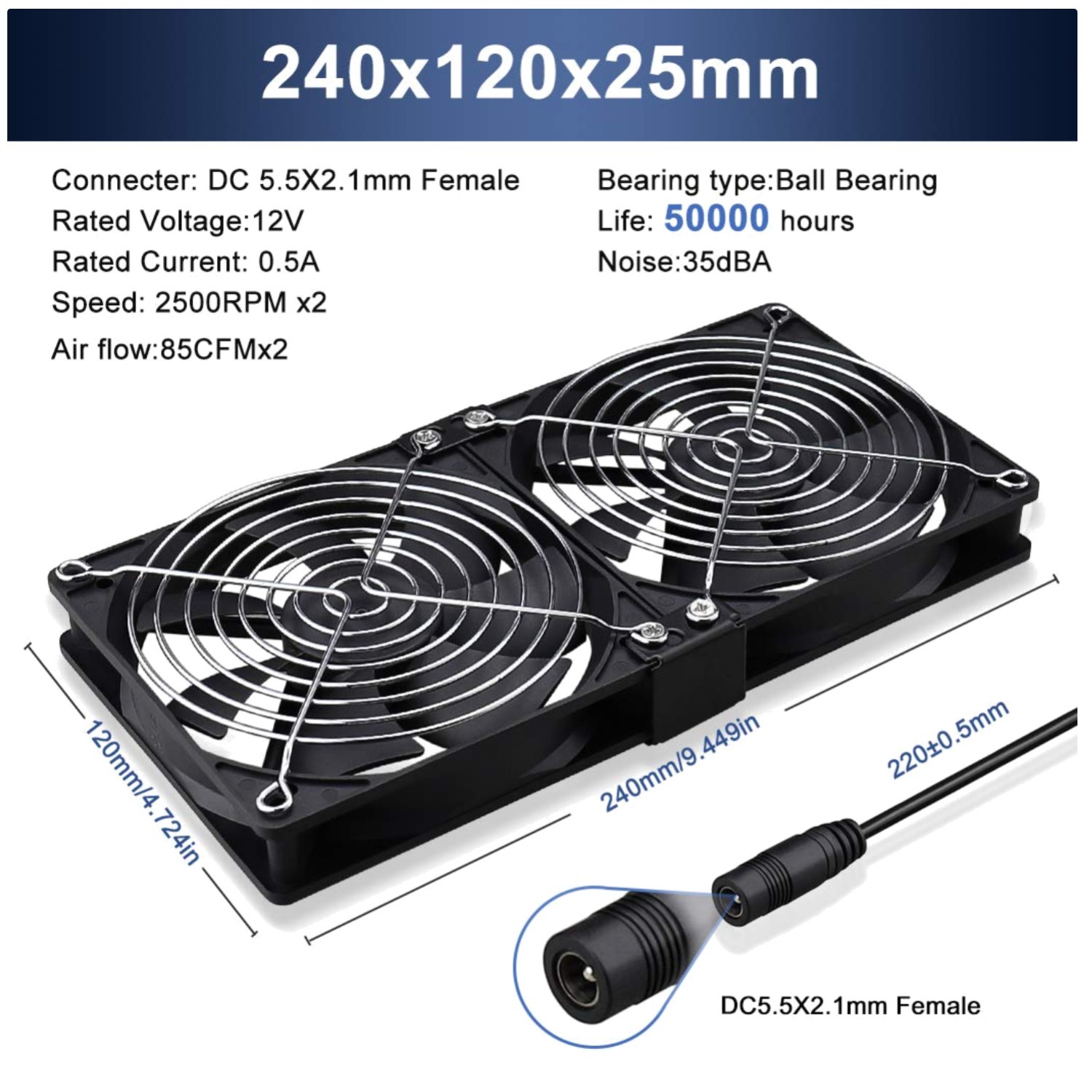 Dual Ball 240mm Computer Fan | AC Plug Cabinet Fan 110V 240V