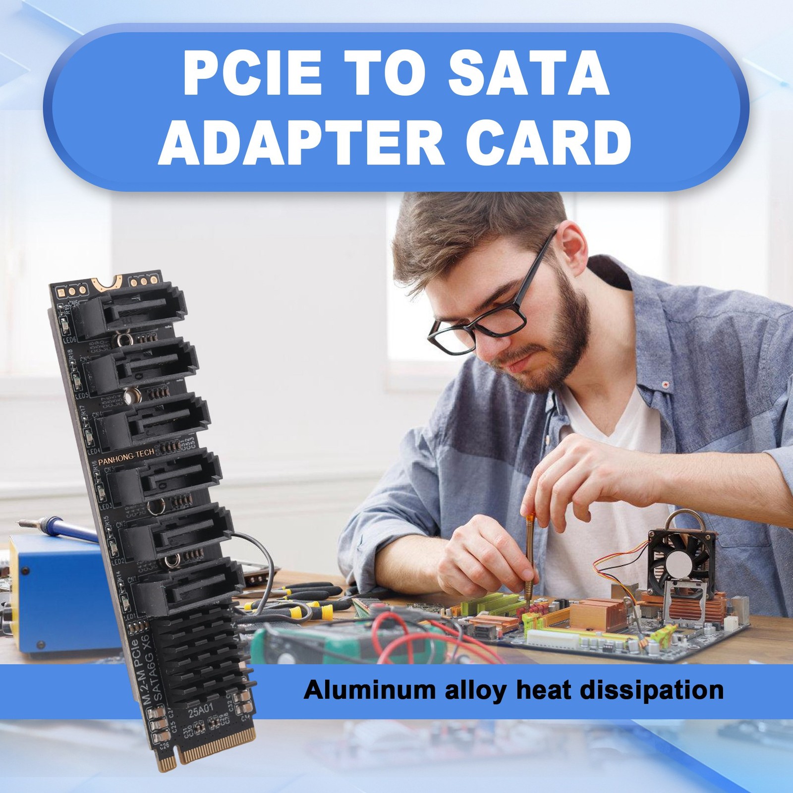 M.2 MKEY PCI-E Riser Card M.2 NVME To SATA3.0 PCIE To 6Gpbsx6-Port7901
