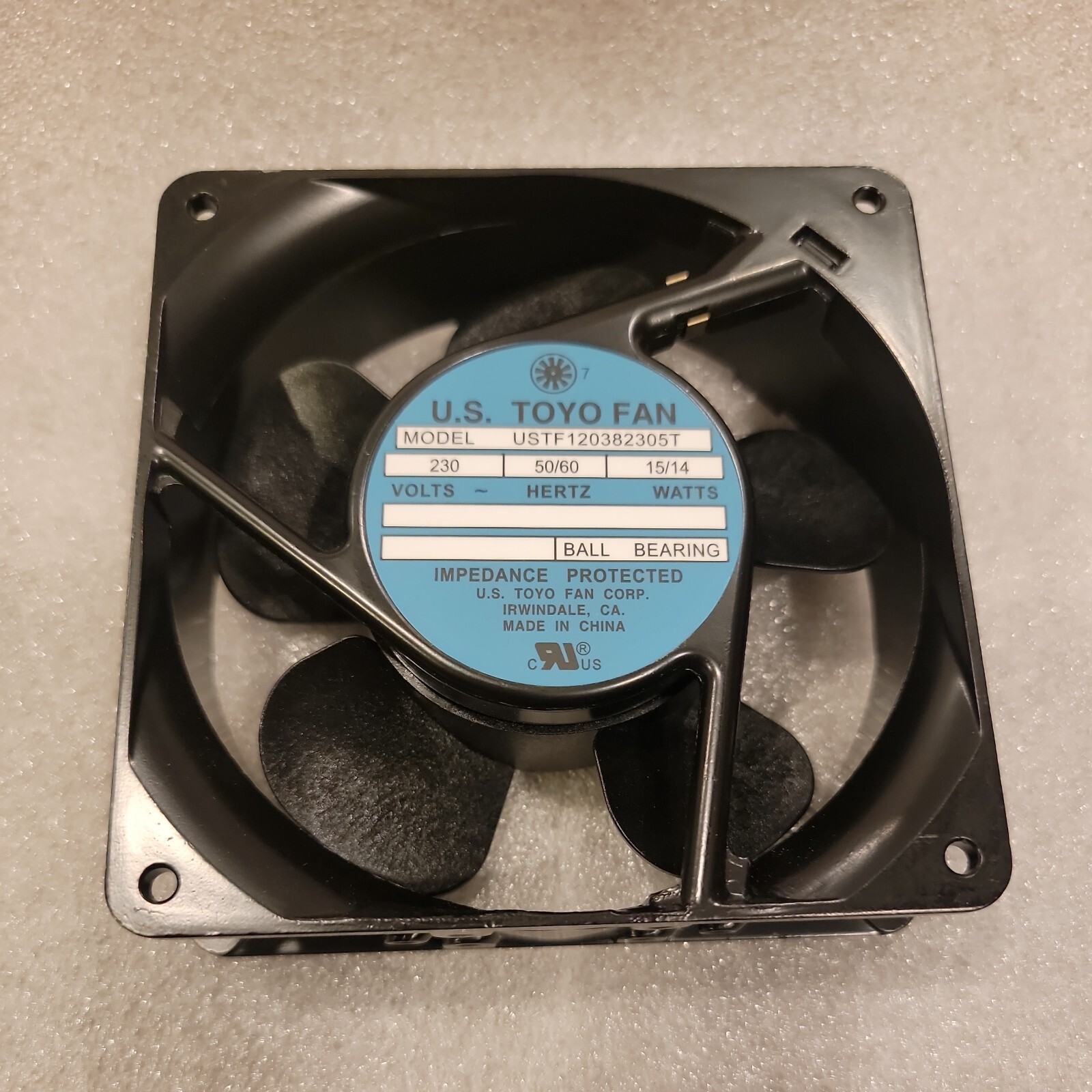 U.S. TOYO FAN MODEL: USTF120382305T VOLTS: 230 HERTZ: 50/60 WATTS: 15/14
