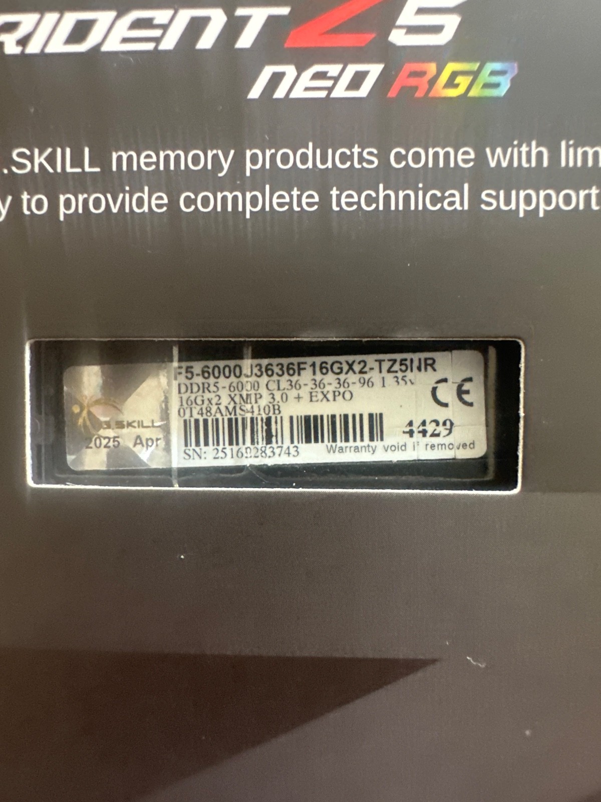 [NEW UNUSED]G.SKILL TRIDENT Z5 NEO RGB 32GB (16GB x 2) DDR5-6000 CL36 RAM MEMORY