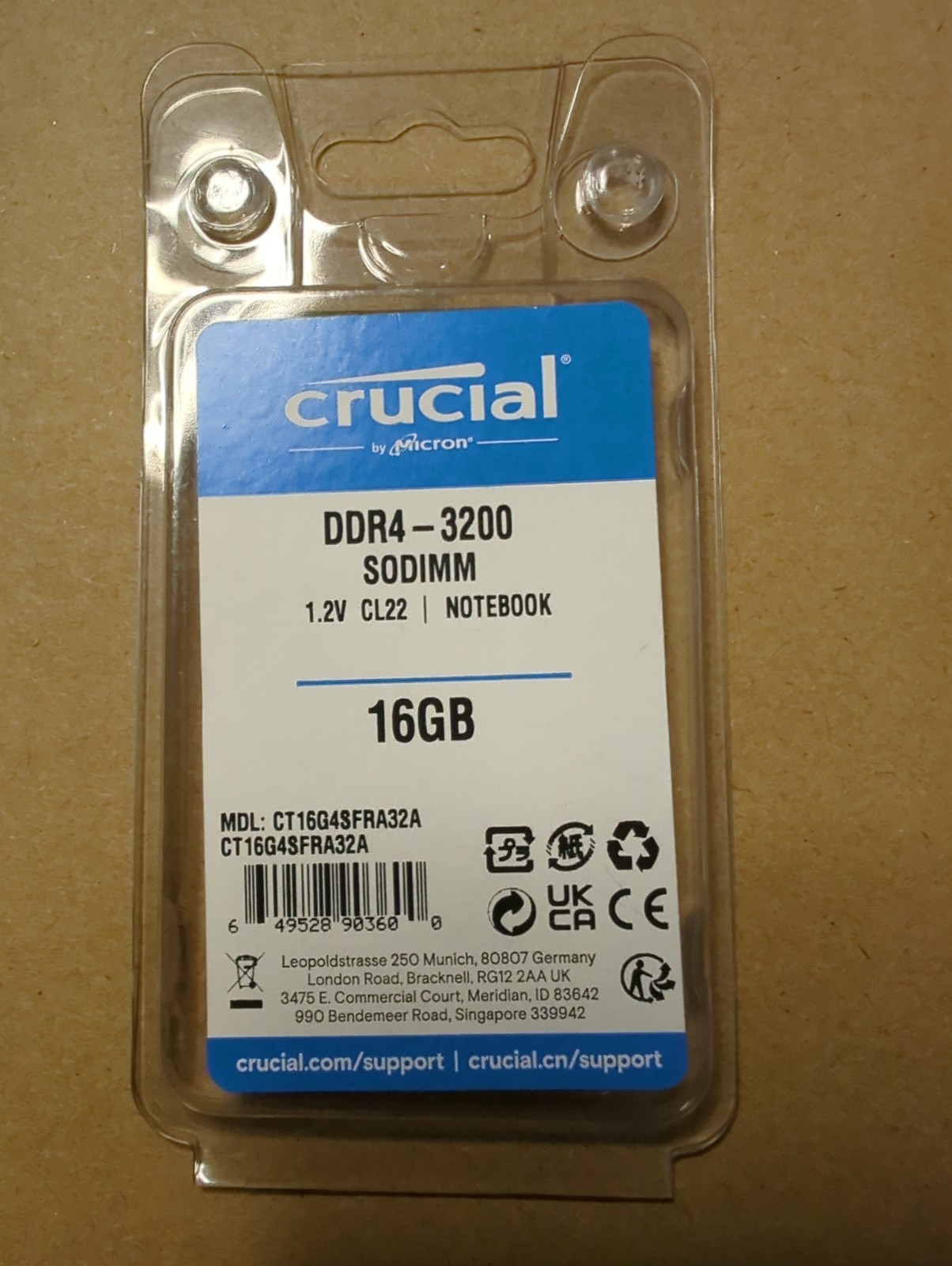 Brand New Crucial 16GB PC4-25600 (DDR4-3200) Memory (CT16G4SFRA32A)