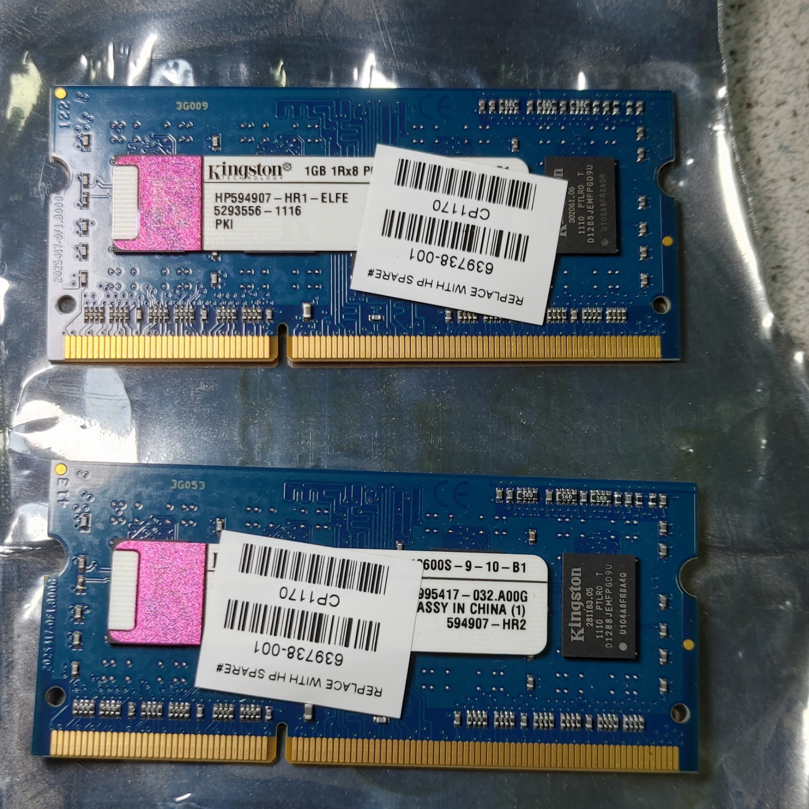 HP594907-HR1-ELFE Kingston Laptop Memory 1GB 1RX8-PC3-10600S-9-10-B1 Qty 2 2GB