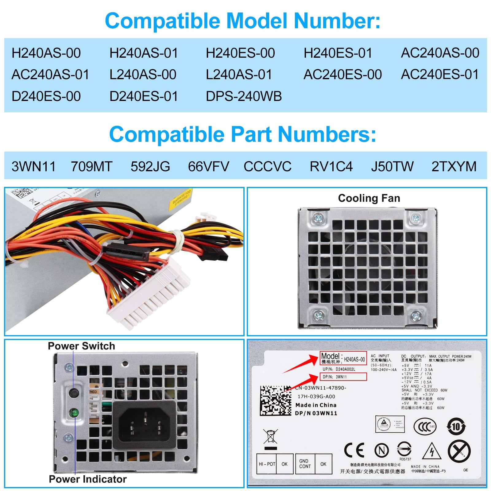 240W Power Supply Unit Replacement for Dell OptiPlex 390 790 960 990 3010 901…