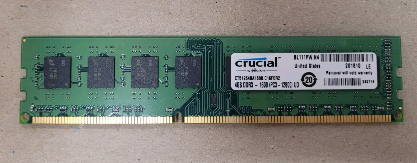 Crucial 4GB DDR3 1600MHz PC3-12800U Desktop Ram | CT51264BA160B.16FKD | Tested!