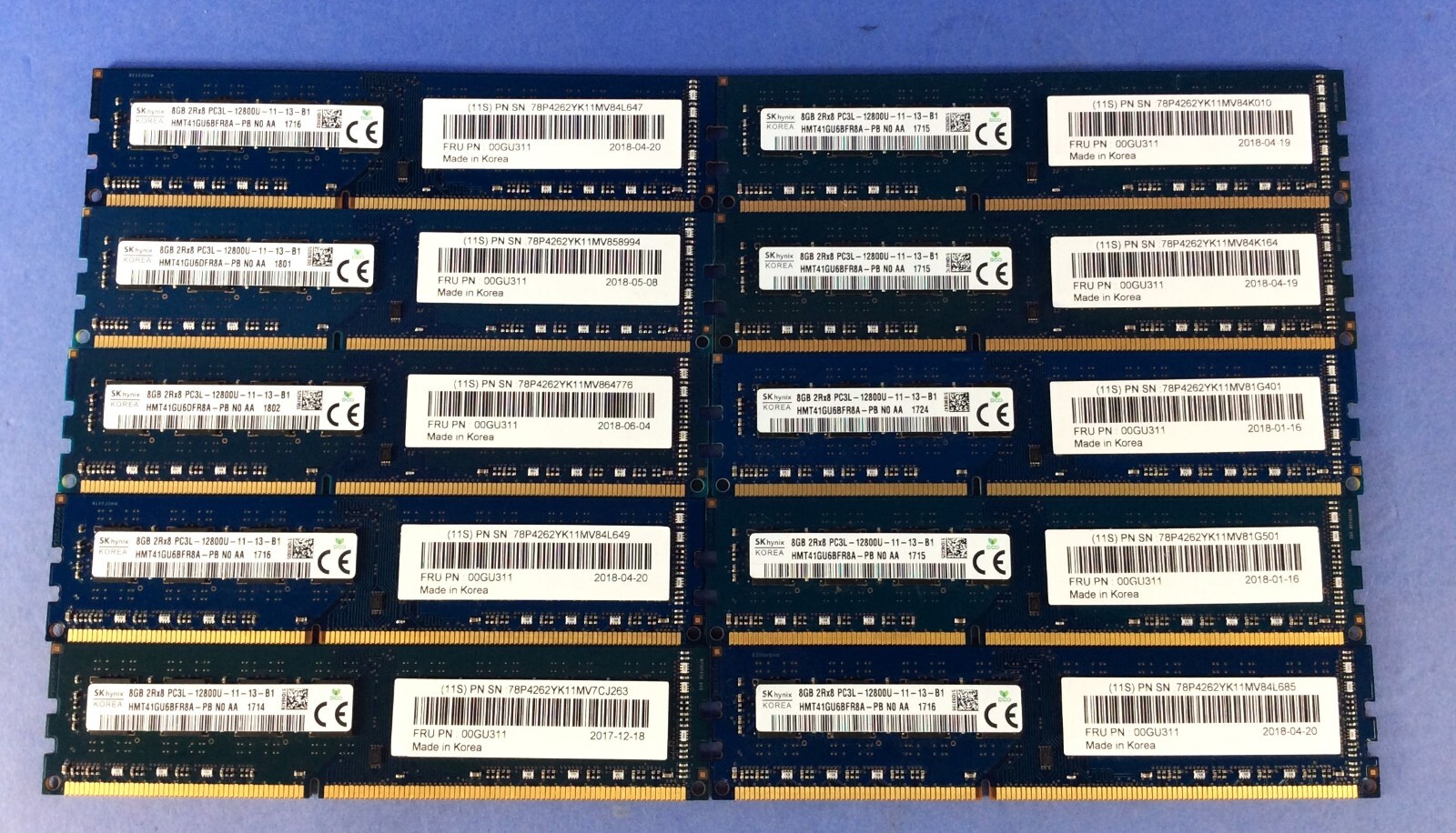 LOT OF 10 – (80GB) SK hynix 8GB 2Rx8 PC3L-12800U-11-13-B1 DDR3L HMT41GU6BFR8A-PB