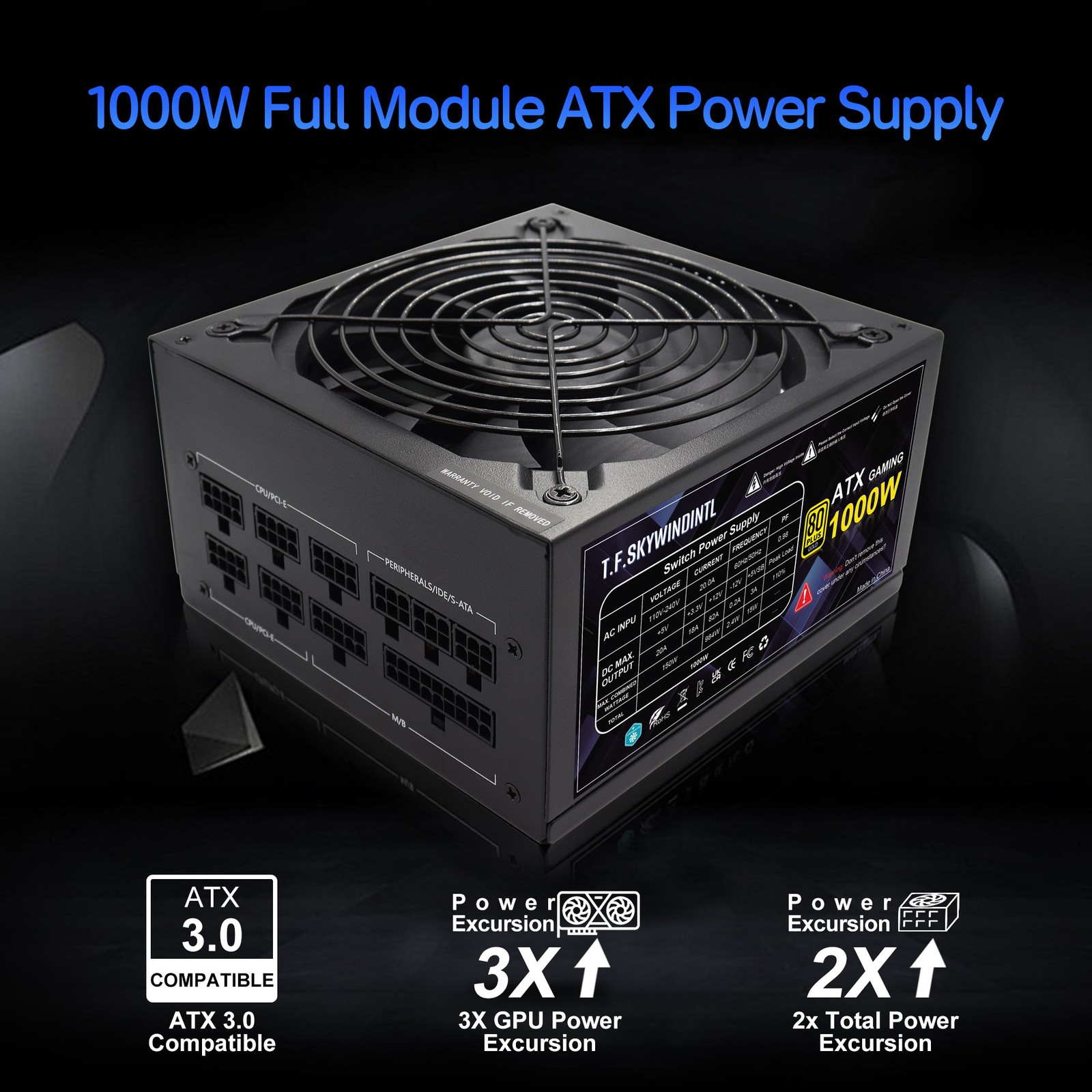 1000W Modular Power Supply 80+ Gold Gaming ATX PSU, ATX 3.0, Active PFC