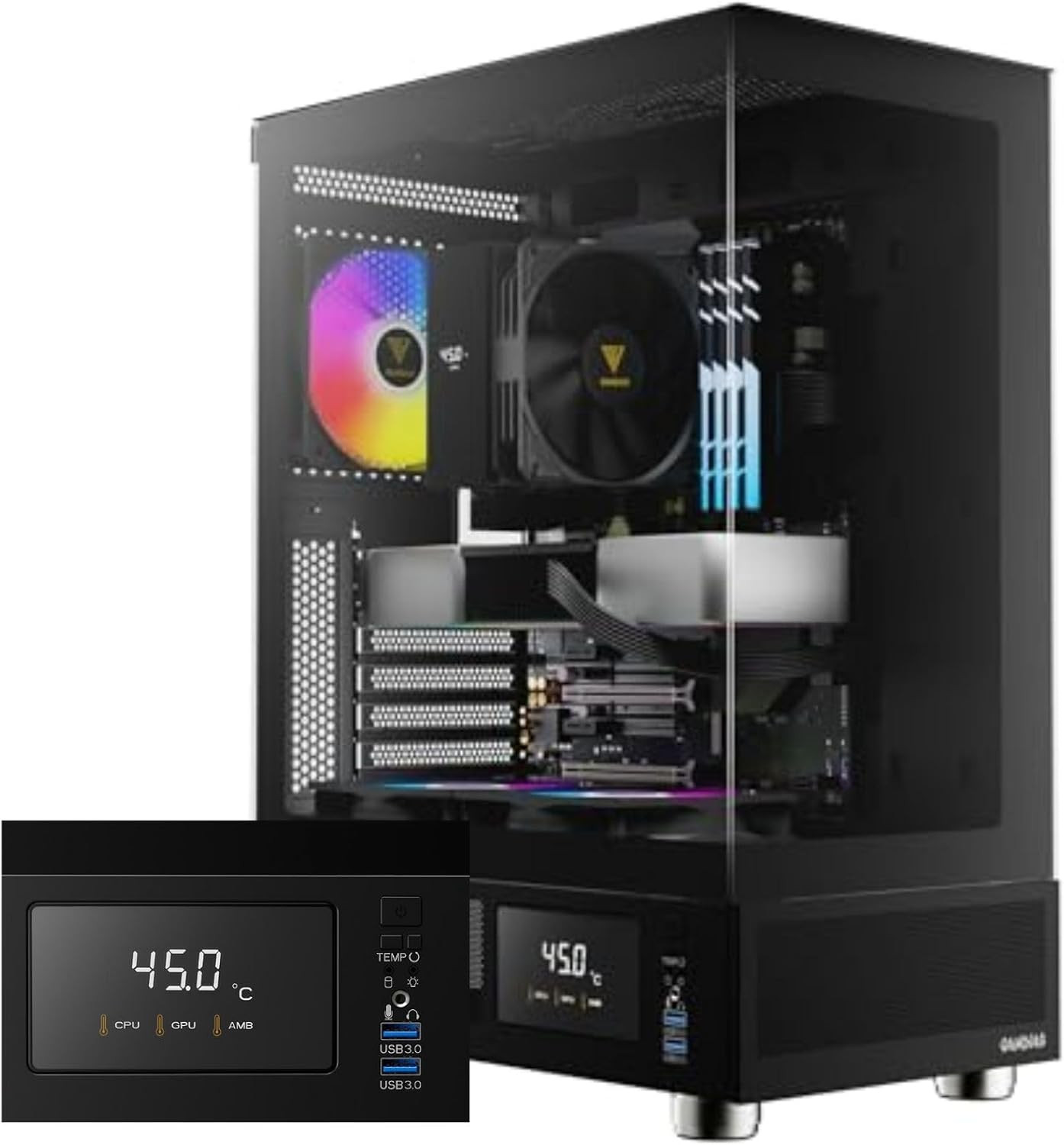 ATX Mid Tower Computer Case with Tempered Glass, Gaming PC Case W/Temperature Di