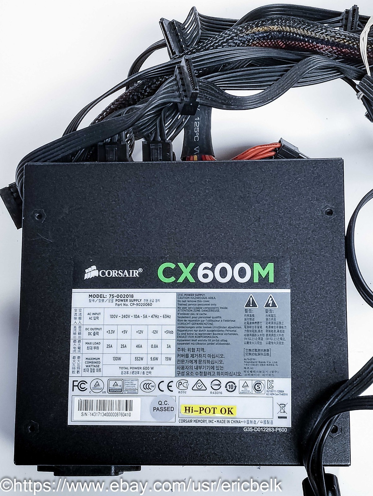 Corsair CX600M 75-002018 600W Power Supply 100-240V – Tested, working