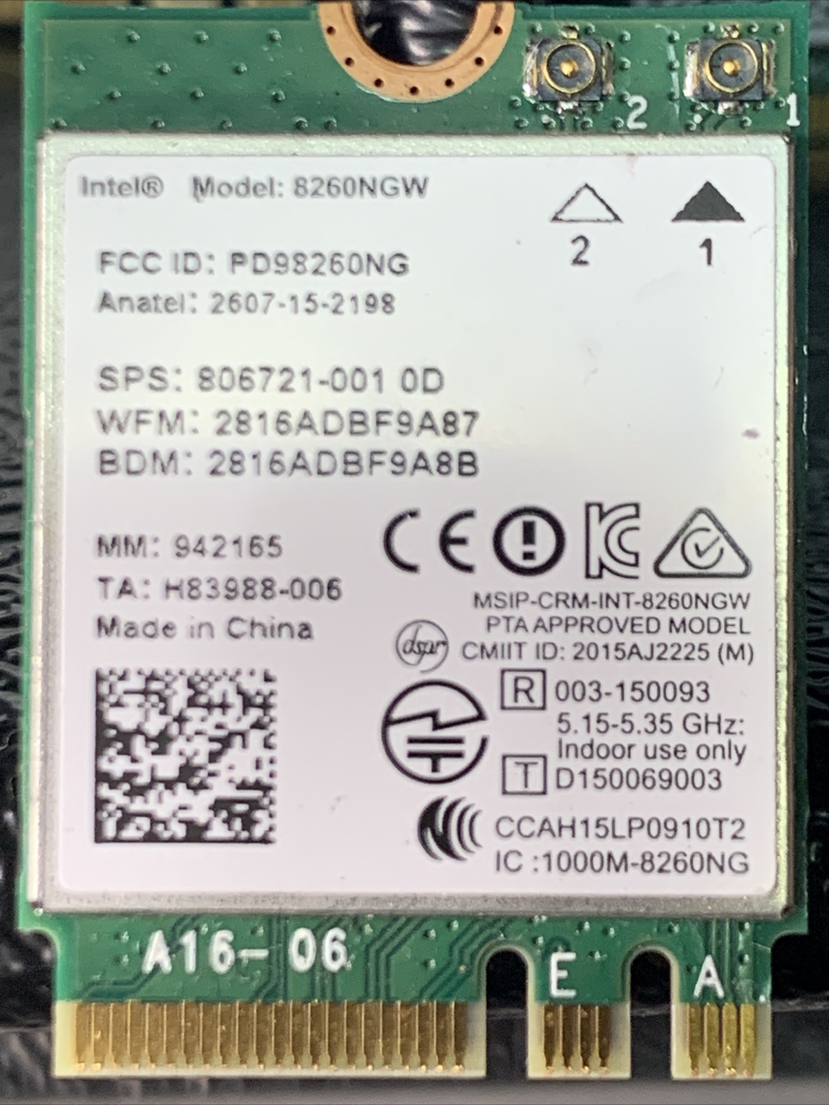 INTEL 8260NGW DUAL BAND WIRELESS-AC 8260 WLAN BLUETOOTH 4.2 WIFI CARD 806721-001