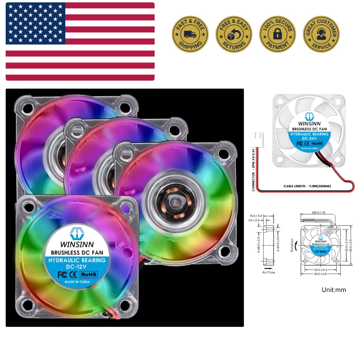 40mm RGB Fan 12V, LED Colorful 3D Printer Micro 12 Volt Fans 4010 Hydraulic B…