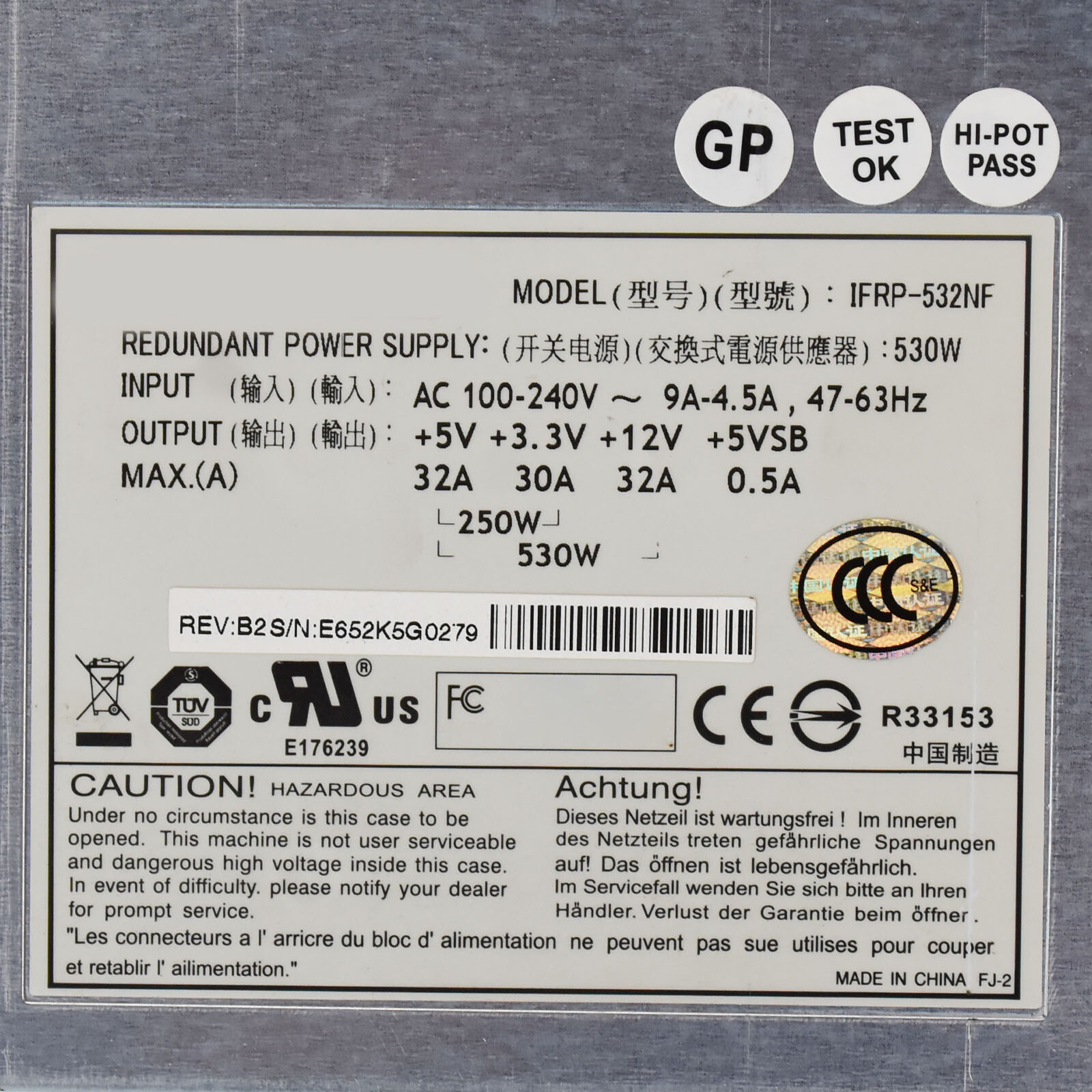 Used for ETASIS IFRP-532NF IFRP-532NFE 530W Disk Array Power Supply