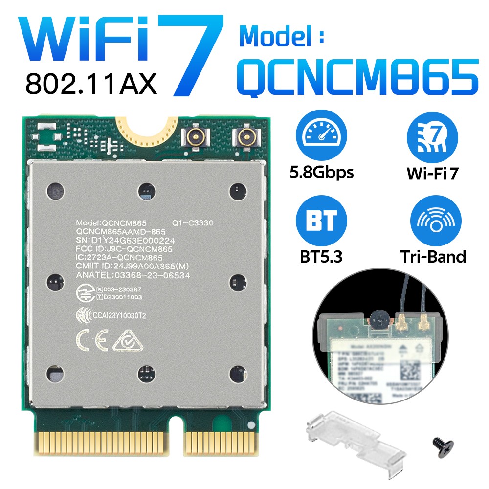 WiFi7 QCNCM865 M.2 Wireless Card Tri-Band 5.8Gbps BT5.3 802.11ax Network Adapter