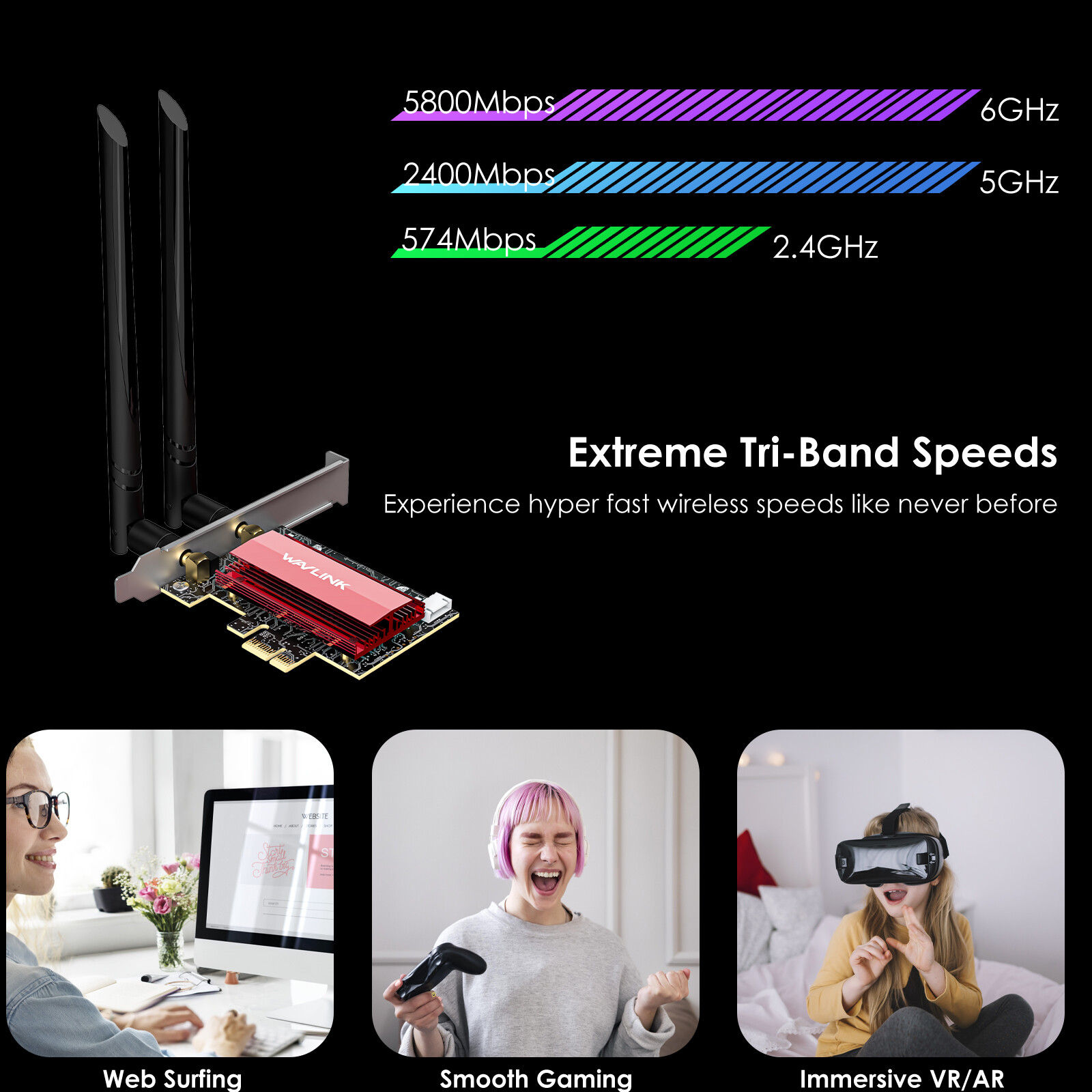 WiFi 7 BE8800 PCIe Network Card for Desktop PC AX5400 WiFi 6E Tri-Band Card