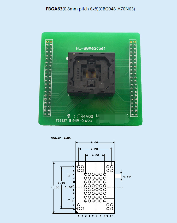 WL-FBGA63-E135-12 0.8mm pitch 6×8 Socket Adapter For Wellon