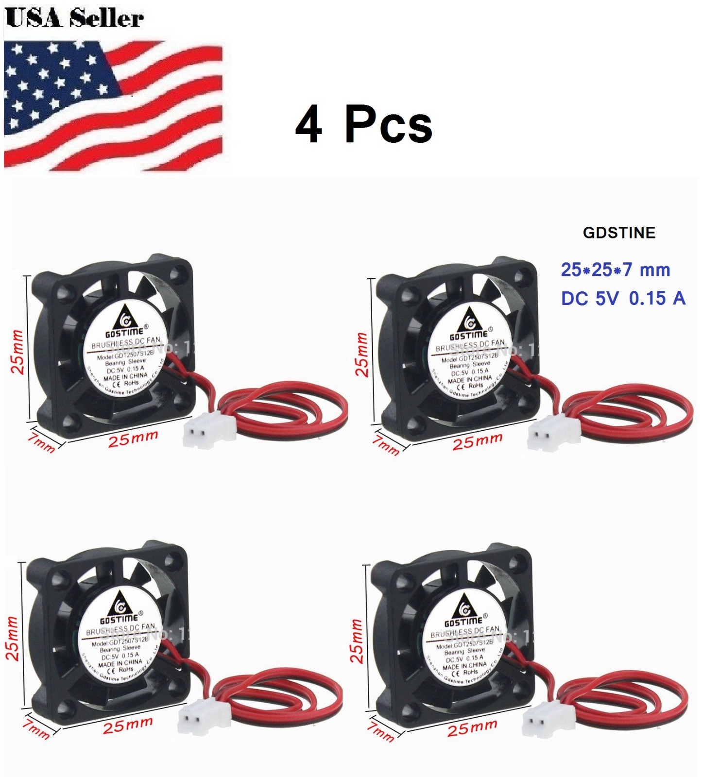 4Pcs Gdstime 1″ 25mm x 7mm 2507 DC 5V 2Pin Brushless Cooler Cooling Fan