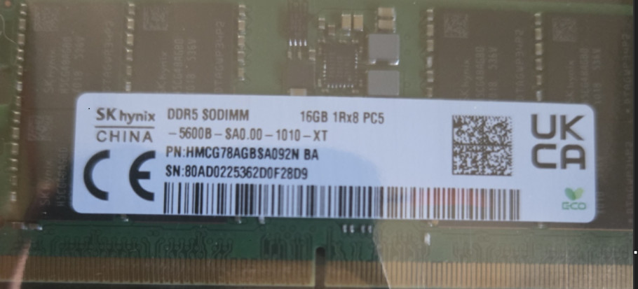 SK Hynix 16GB DDR5 5600MHz Laptop RAM SODIMM 1Rx8 PC5-5600B HMCG78AGBSA092N