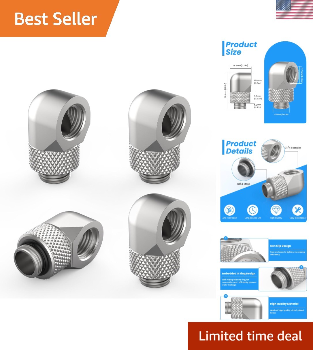 90° Rotary Elbow Fitting Set: 4-Pack G1/4″ Brass Connectors for PC Cooling