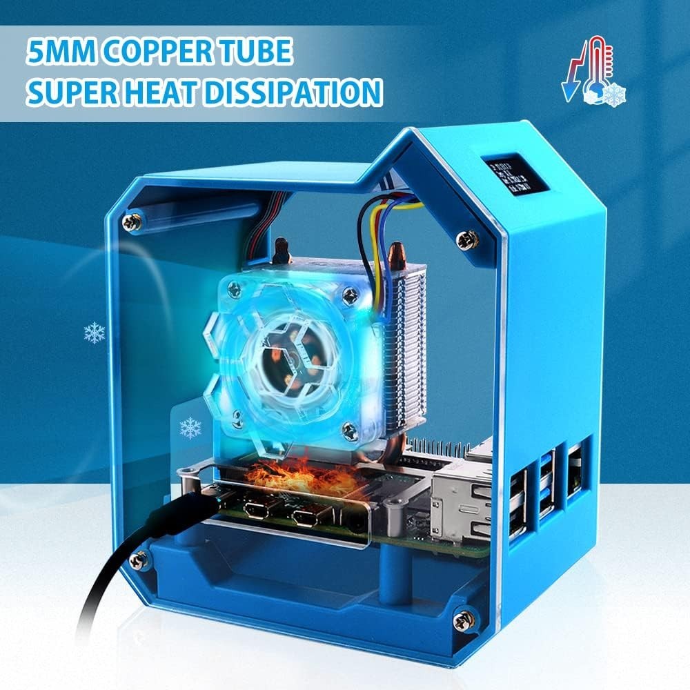 52Pi Mini Tower Kit for Raspberry Pi 4B, ABS Acrylic Case, OLED Display Fan Blue