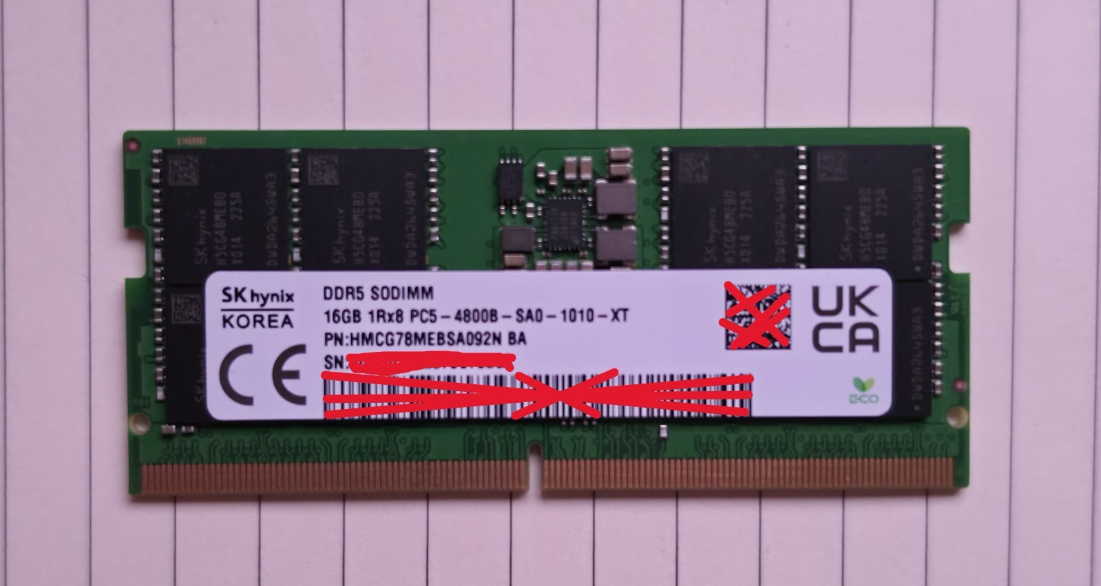 HYNIX 16GB DDR5 SODDIM 1RX8 PC5-4800B-SA0-1010-XT-HMCG78MEBSA092N-BA LAPTOP RAM
