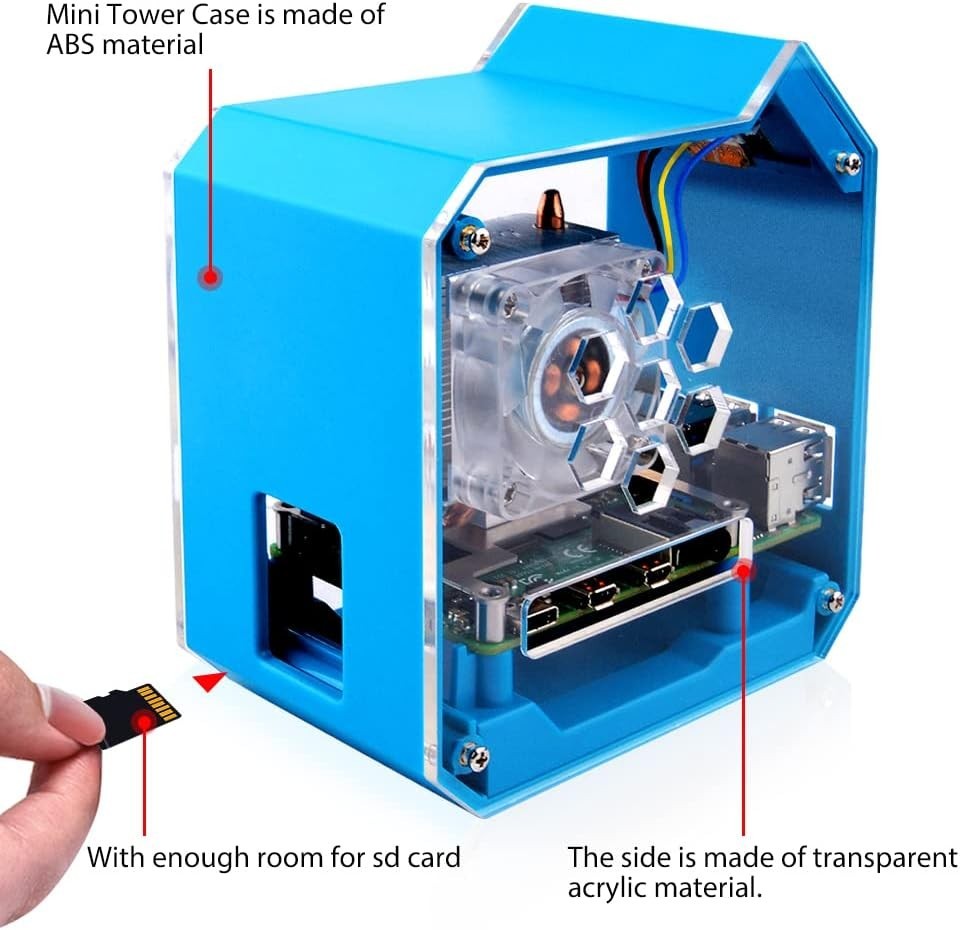 52Pi Mini Tower Kit for Raspberry Pi 4B, ABS Acrylic Case, OLED Display Fan Blue