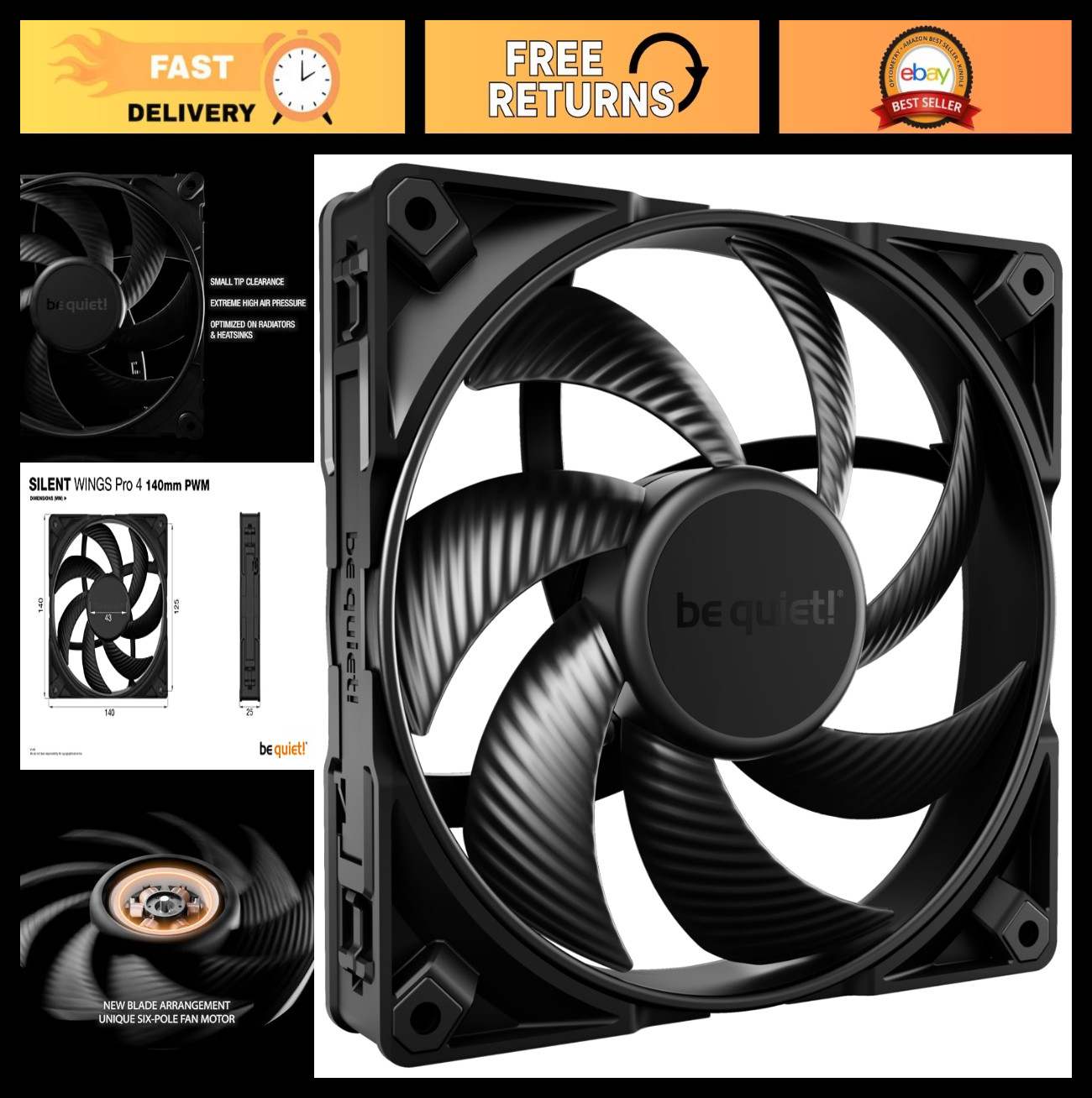 High-Speed 140mm PWM Cooling Fan | Low Noise 2400 RPM | Silent Performance, 4-Pi