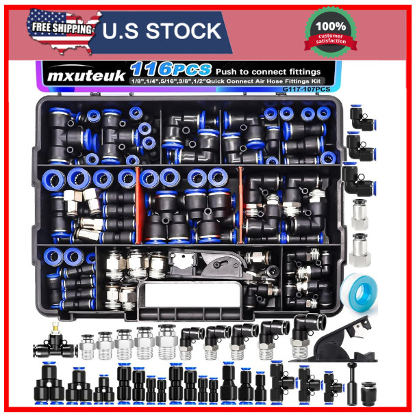 116PCS Air Line Quick Connect Fittings,1/8,1/4,5/16,3/8,1/2,4/6/8/10Mm OD P