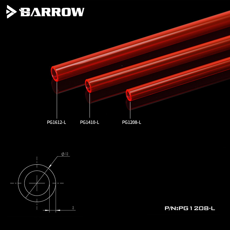 Barrow PETG Tubing 8mm ID, 12mm OD, 500mm length, Red 4 Pack for Water Cooling