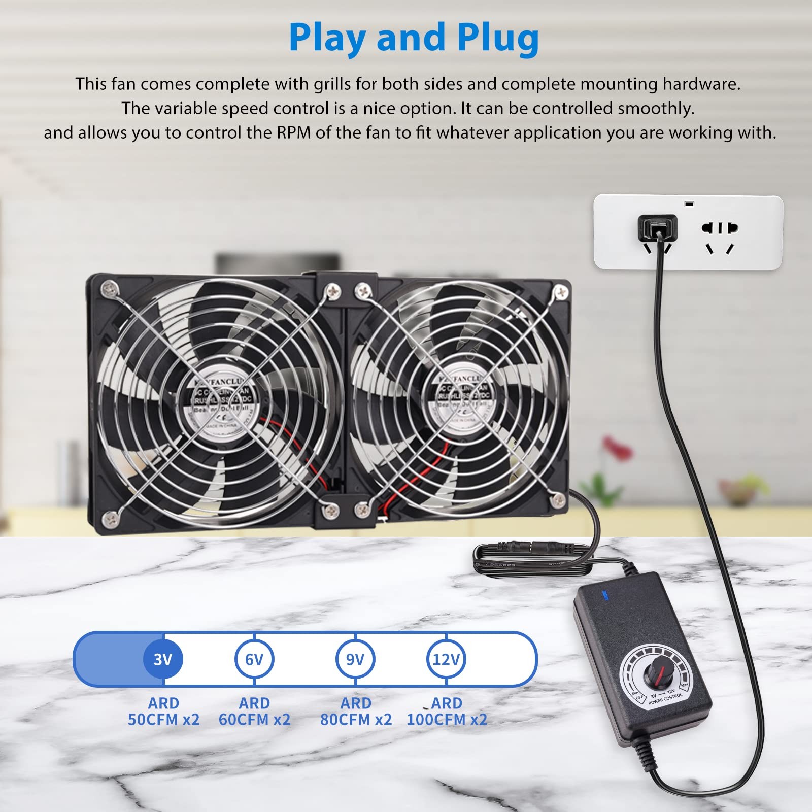 Dual 120mm High CFM Computer Fans with AC Plug, AC 110V – 240V Variable Speed…